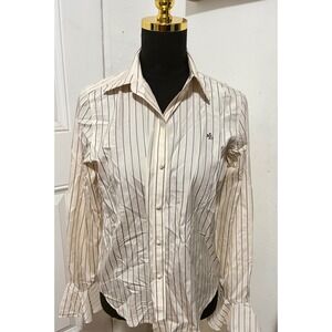 Lauren Ralph Lauren Women 4 Silk Pinstripe Button Down Shirt Fluted Cuff Cream